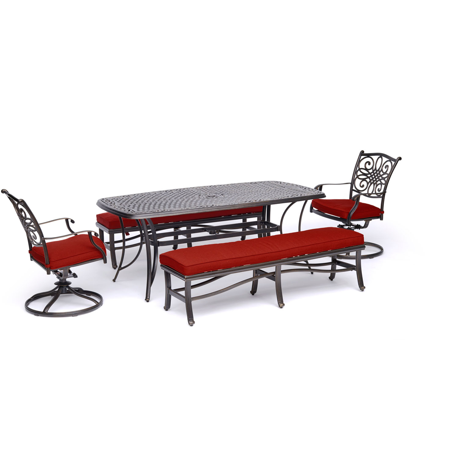 Hanover Traditions 5-Piece Patio Dining Set in Red with 2 Swivel Rockers, 2 Cushioned Benches, and a 38" x 72" Cast-Top Dining Table - image 1 of 13