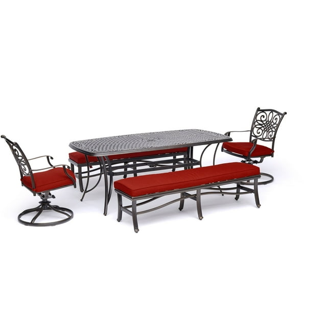 Hanover Traditions 5-Piece Patio Dining Set in Red with 2 Swivel Rockers, 2 Cushioned Benches, and a 38" x 72" Cast-Top Dining Table