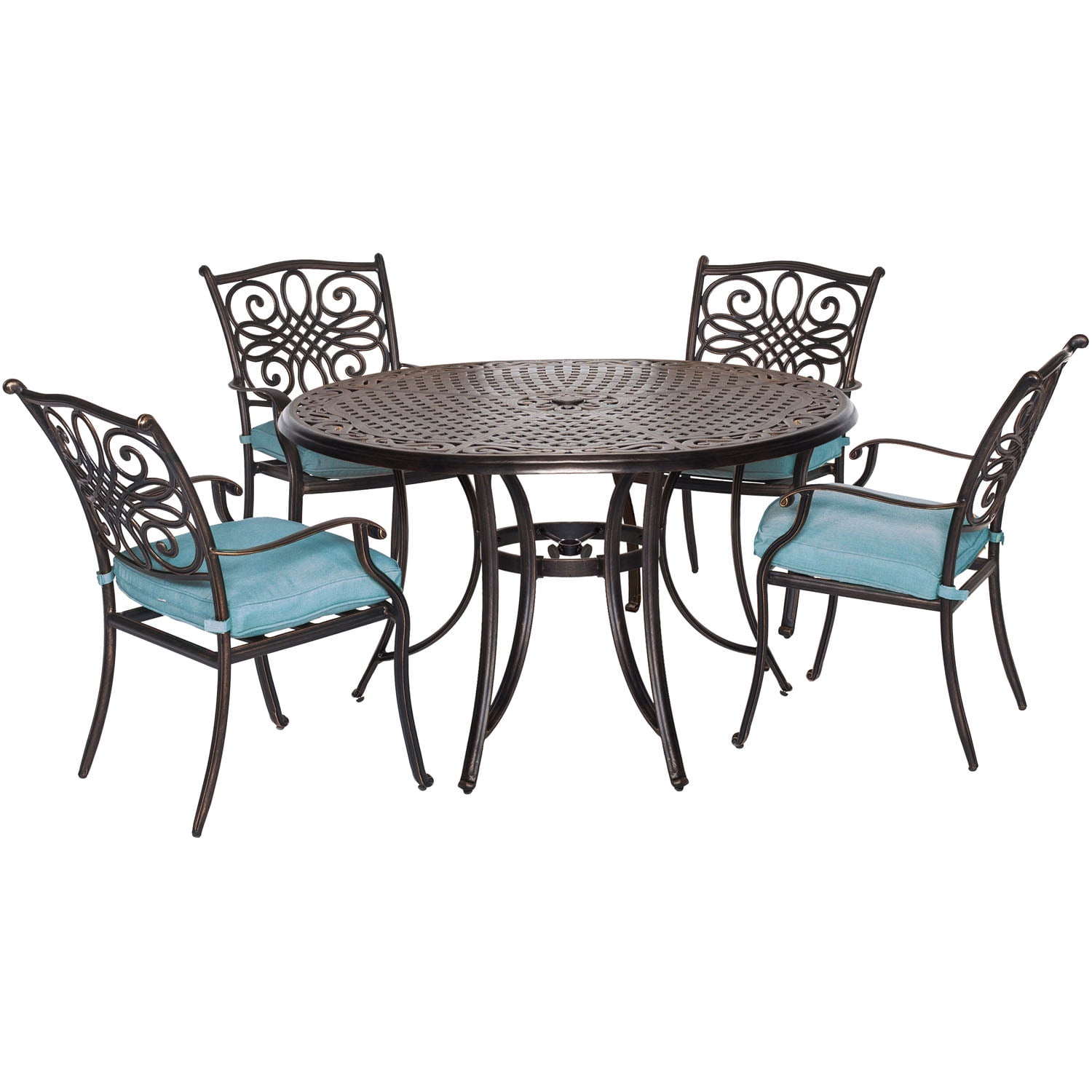 Bronze Aluminum Outdoor Dining Set with Blue Cushions