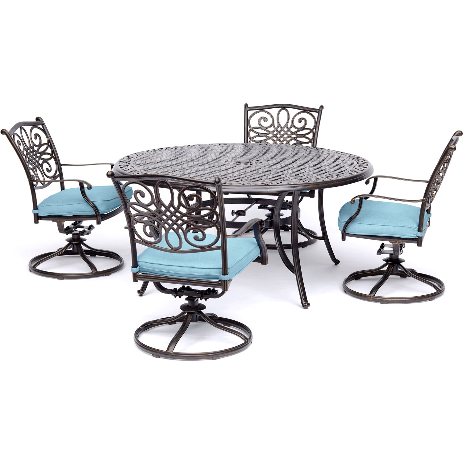 Hanover 5-Piece Blue Cushioned Aluminum Outdoor Dining Set with Swivel Chairs