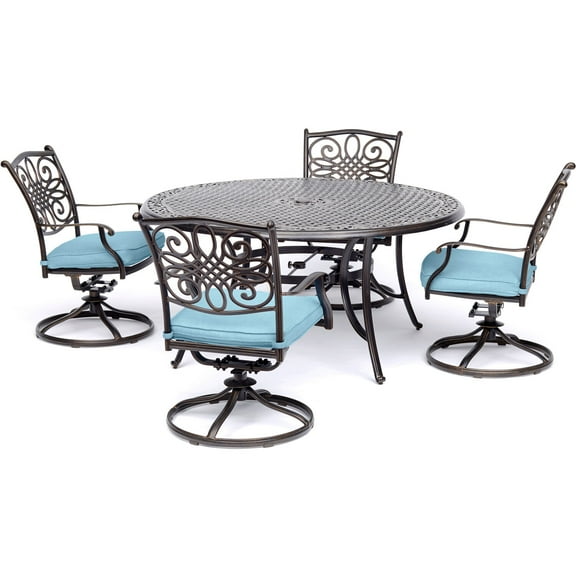 Hanover Traditions 5-Piece Rust-Free Aluminum Outdoor Patio Dining Set with Blue Cushions