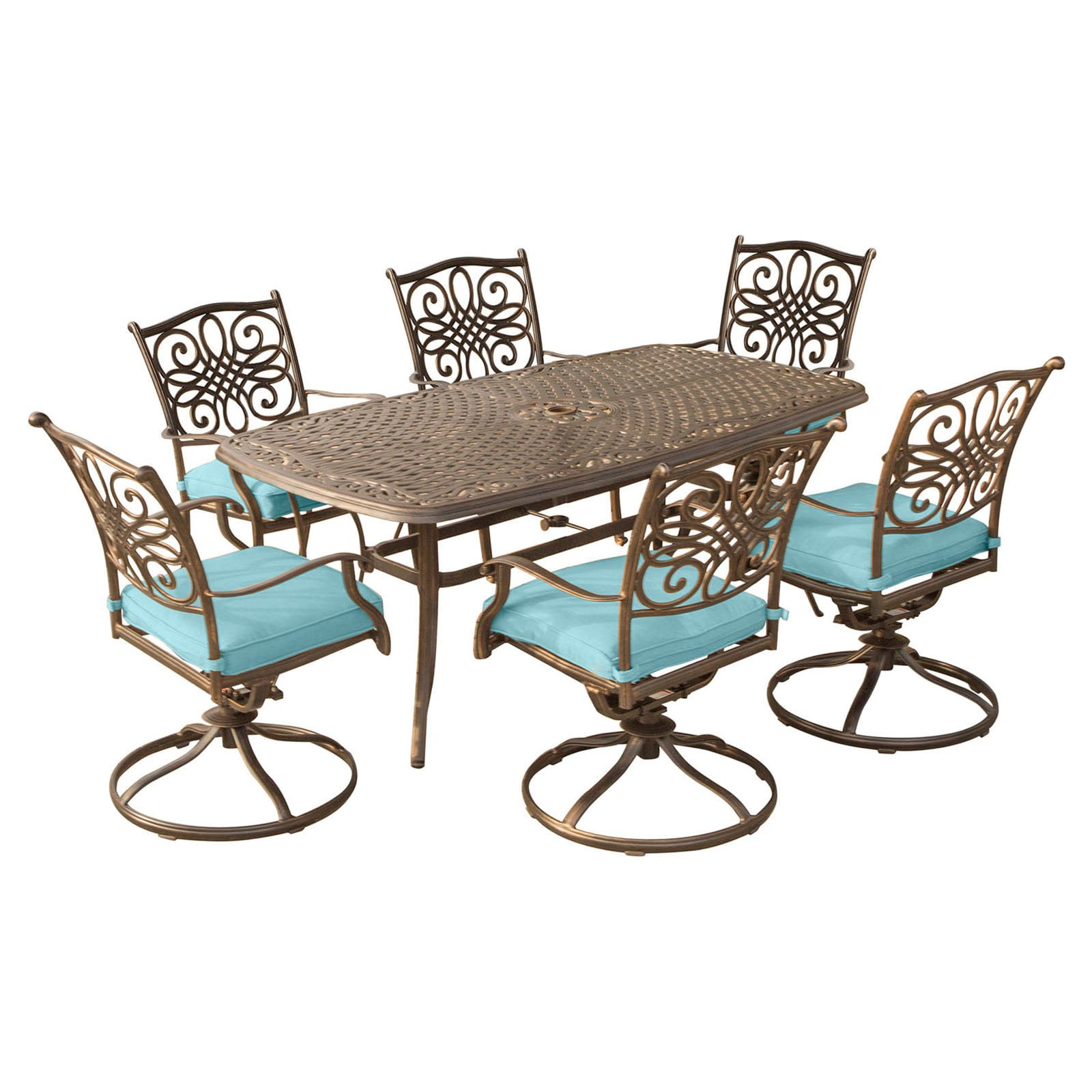 Bronze Aluminum Outdoor Dining Set with Blue Cushions