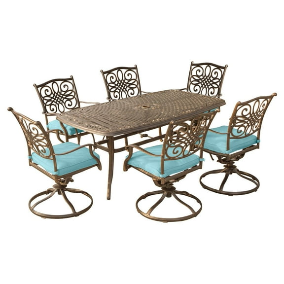Hanover Traditions 7 Pcs Aluminum Outdoor Dining Set with Cast-top Table, Blue