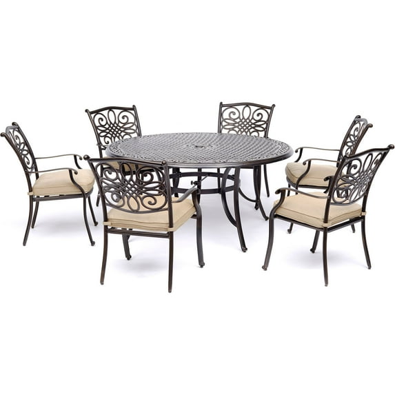 Hanover Traditions 7 Pcs Aluminum Outdoor Dining Set with Cast-top Table, Tan