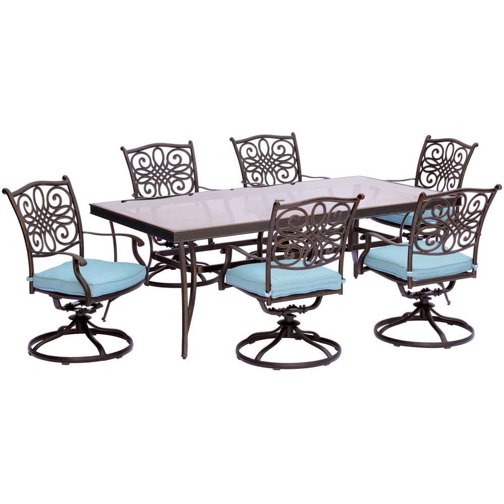 Traditions 7-Piece Blue Aluminum Dining Set with Glass-Top Table