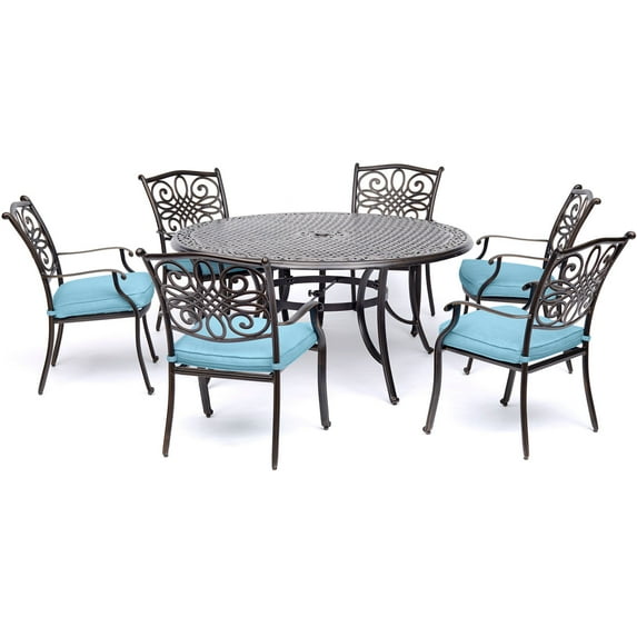 Hanover Traditions 7-Piece Dining Set in Blue with Six Dining Chairs and a 60 In. Cast-top Table