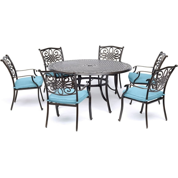 Hanover Traditions 7-Piece Dining Set in Blue with Six Dining Chairs and a 60 In. Cast-top Table