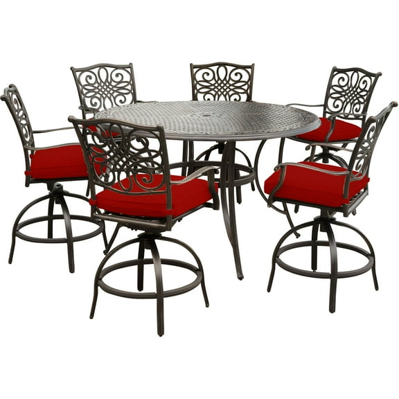 Hanover Traditions 7-Piece High-Dining Set in Red with 6 Swivel Chairs and a 60 In. Cast-Top Table