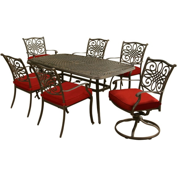 Hanover Traditions 7-Piece Outdoor Dining Set with Cast-Top Table, 2 Swivel Rockers, 4 Stationary Chairs
