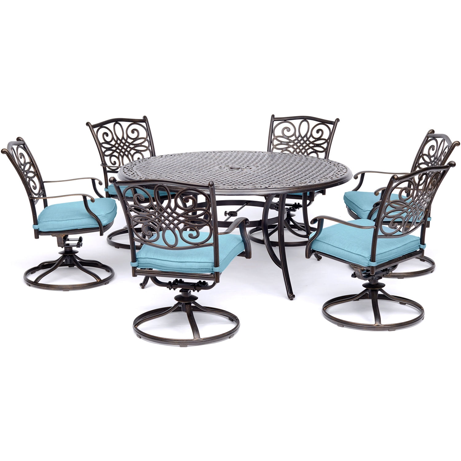 Bronze Cast Aluminum Round Outdoor Dining Set with Blue Cushions