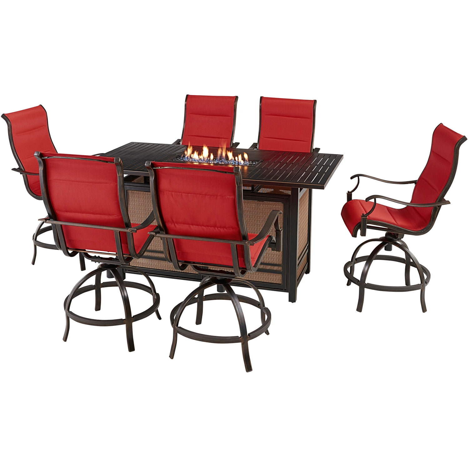 Hanover Traditions 7-Piece Outdoor High Dining Fire Patio Set, 6 Counter-Height Padded Sling Swivel Chairs and Slat-Top Gas Fire Pit Aluminum Table, Brushed Bronze Finish, Rust-Resistant, All-Weather
