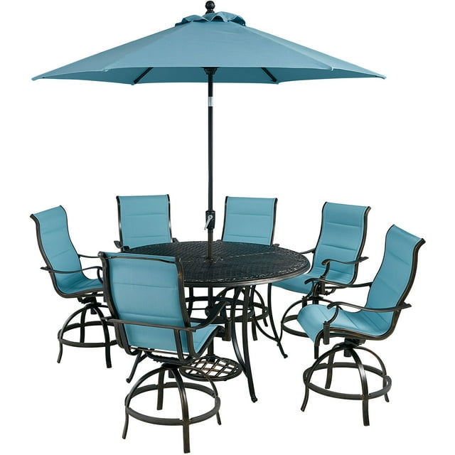 Hanover Traditions 7-Piece Outdoor High Dining Patio Set, 6 Counter-Height Padded Sling Swivel Chairs, 56" Round Cast Aluminum Table, 9' Umbrella, and Umbrella Base, Rust-Resistant, All-Weather
