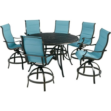 Hanover Traditions 7-Piece Outdoor High Dining Patio Set, 6 Counter-Height Padded Sling Swivel Chairs and 56" Round Cast Aluminum Table, Brushed Bronze Finish, Rust-Resistant, All-Weather