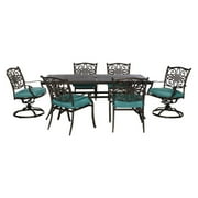 Hanover Traditions 7-Piece Outdoor Patio Dining Set with Rust-Free Aluminum Dining Table, 4 Elegant Dining Chairs and 2 Swivel Rockers with Blue Cushions| TRADDN7PCSW-BLU