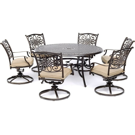 Hanover Traditions 7-Piece Rust-Free Aluminum Outdoor Patio Dining Set with Tan Cushions, 6 Swivel Rockers and Aluminum Round Dining Table, TRADDN7PCSWRD6
