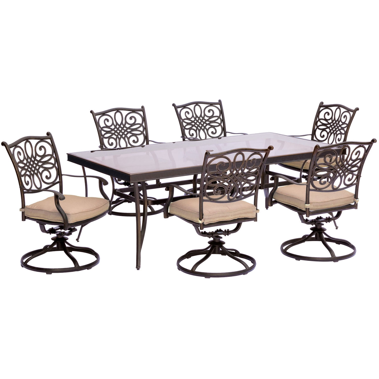 Hanover Traditions Bronze Aluminum 7-Piece Dining Set with Tan Cushions
