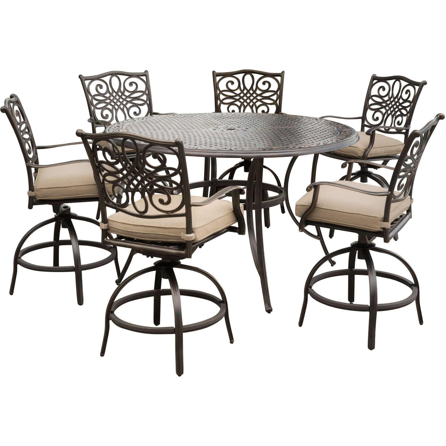 Hanover Traditions 7-Piece Rust-Free Aluminum with Tan Cushions, 6 Counter-Height Swivel Chairs and Aluminum Round Bar Table Table, TRADDN7PCBR - image 1 of 19