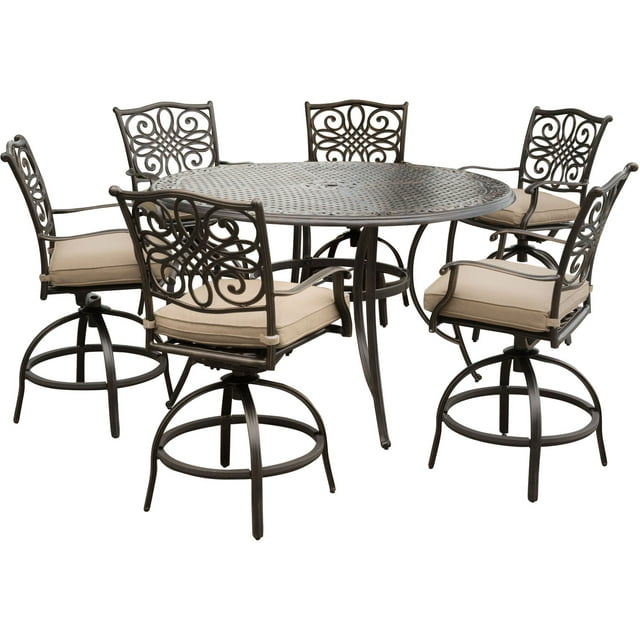 Hanover Traditions 7-Piece Rust-Free Aluminum with Tan Cushions, 6 Counter-Height Swivel Chairs and Aluminum Round Bar Table Table, TRADDN7PCBR