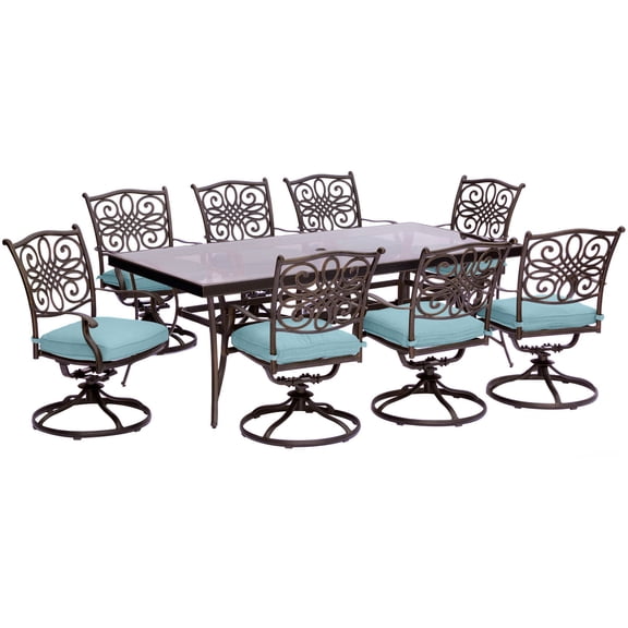 Hanover Traditions 9-Piece Aluminum Outdoor Dining Set, Blue