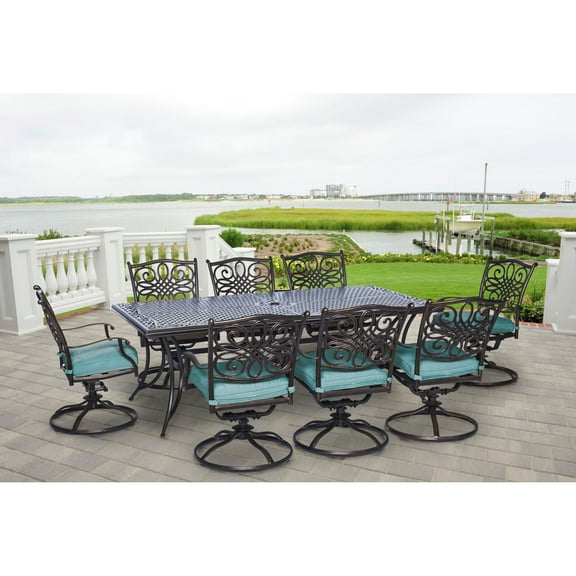 Hanover Traditions 9-Piece Aluminum Outdoor Dining Set, Blue