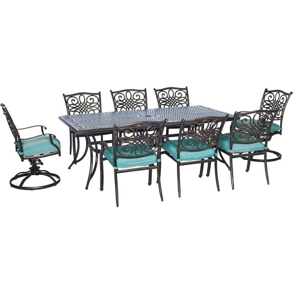 Hanover Traditions 9-Piece Aluminum Outdoor Dining Set Seats up to 8 People, Blue