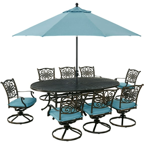 Hanover Traditions 9-Piece Aluminum Outdoor Dining Set with Umbrella, Blue
