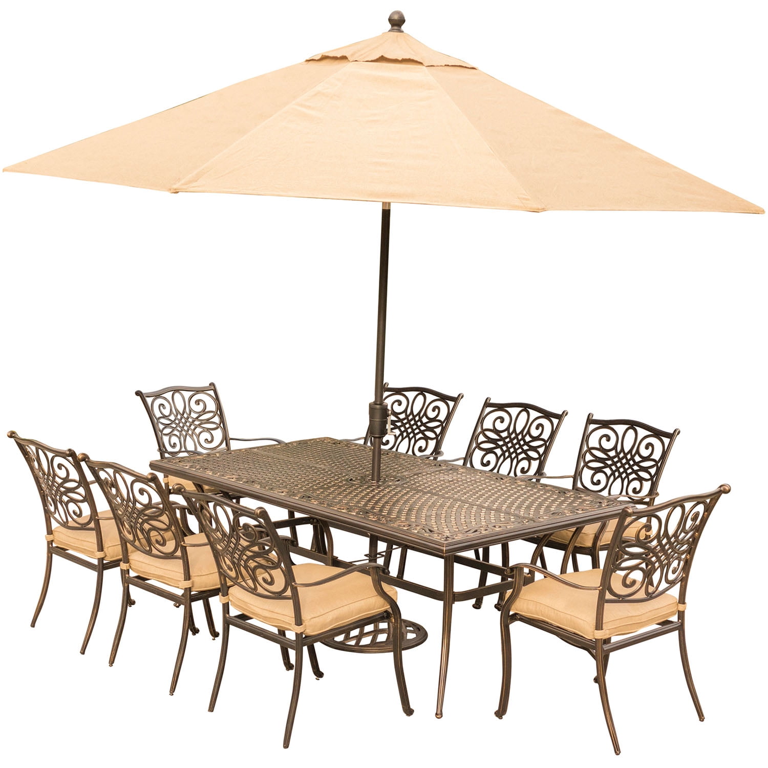 Hanover Traditions 9-Piece Tan Cushioned Aluminum Outdoor Dining Set with Umbrella
