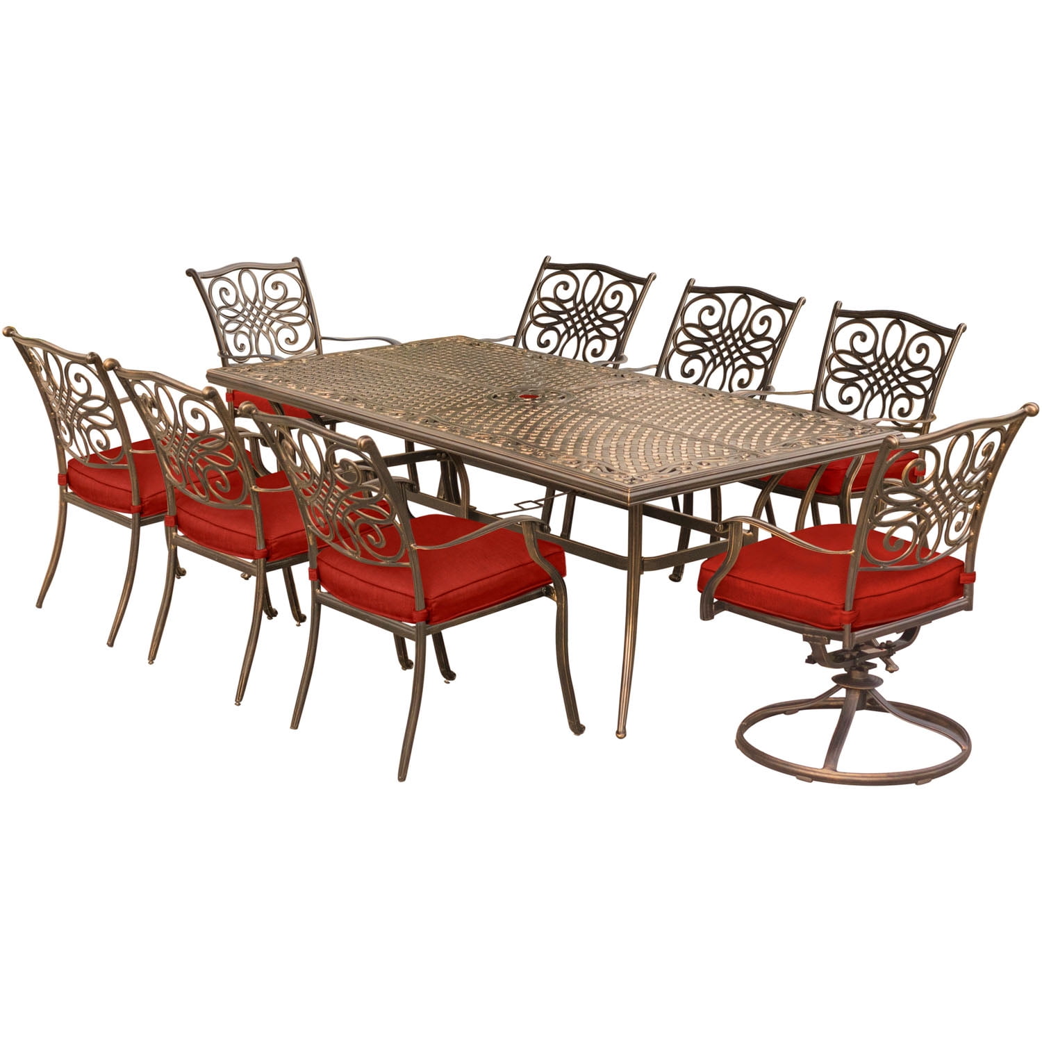 Hanover Traditions 9-Piece Outdoor Dining Set with Cast-Top Table, 2 Swivel Rockers and 6 Stationary Chairs