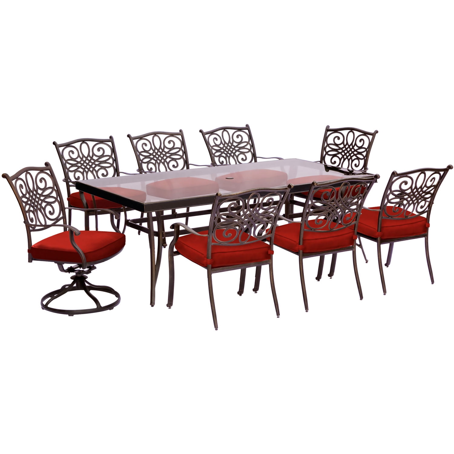 Hanover Traditions 9-Piece Outdoor Dining Set with Glass-Top Table, 2 Swivel Rockers, and 6 Stationary Chairs