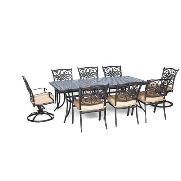 Hanover Traditions 9-Piece Rust-Free Aluminum Outdoor Patio Dining Set with Tan Cushions, 6 Dining Chairs, 2 Swivel Rockers and Aluminum Rectangular Dining Table, TRADDN9PCSW-2