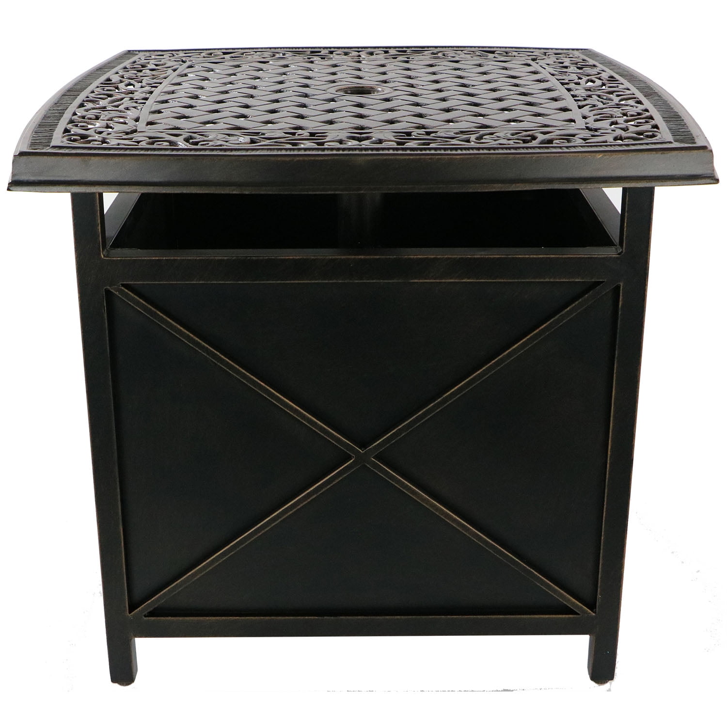 Bronze Cast Aluminum Square Patio Table with Umbrella Holder