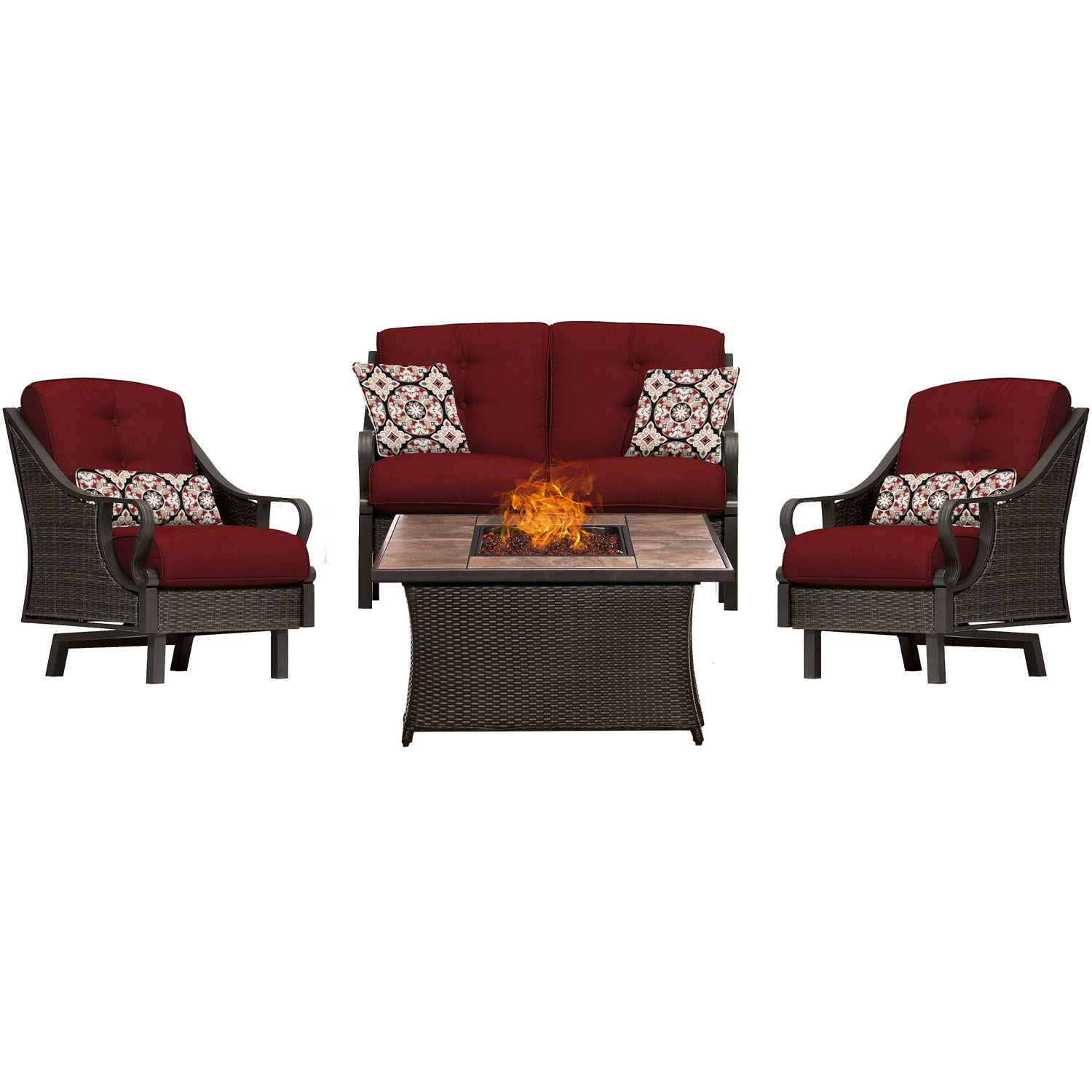 Hanover Ventura 4 Pcs Wicker and Steel Propane Fire Pit Chat Set, Crimson Red - image 1 of 11