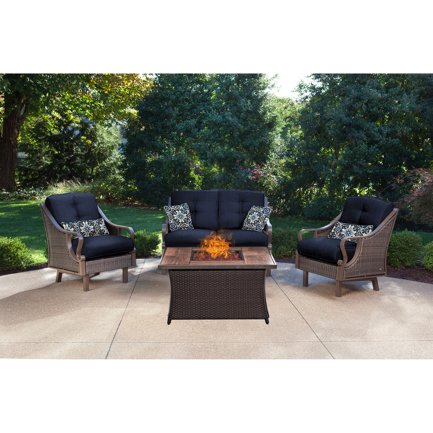 Hanover Ventura 4 Pcs Wicker and Steel Propane Fire Pit Chat Set, Navy Blue - image 1 of 10