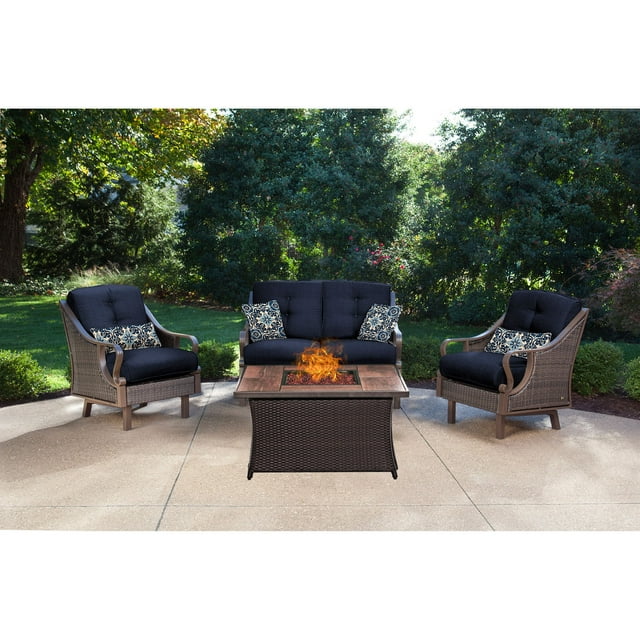Hanover Ventura 4 Pcs Wicker and Steel Propane Fire Pit Chat Set, Navy Blue