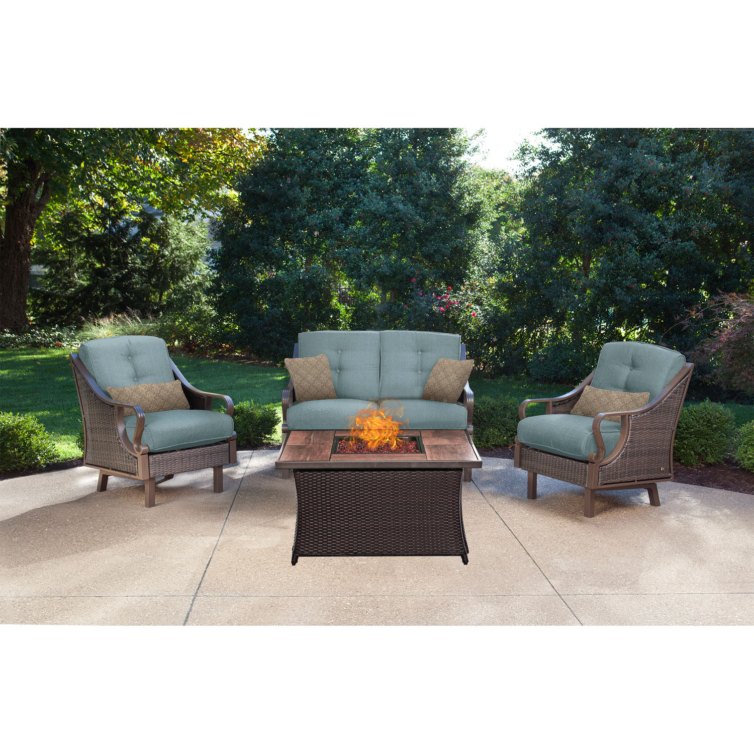 Hanover Ventura 4 Pcs Wicker and Steel Propane Fire Pit Chat Set, Ocean Blue - image 1 of 11