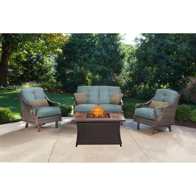 Hanover Ventura 4 Pcs Wicker and Steel Propane Fire Pit Chat Set, Ocean Blue