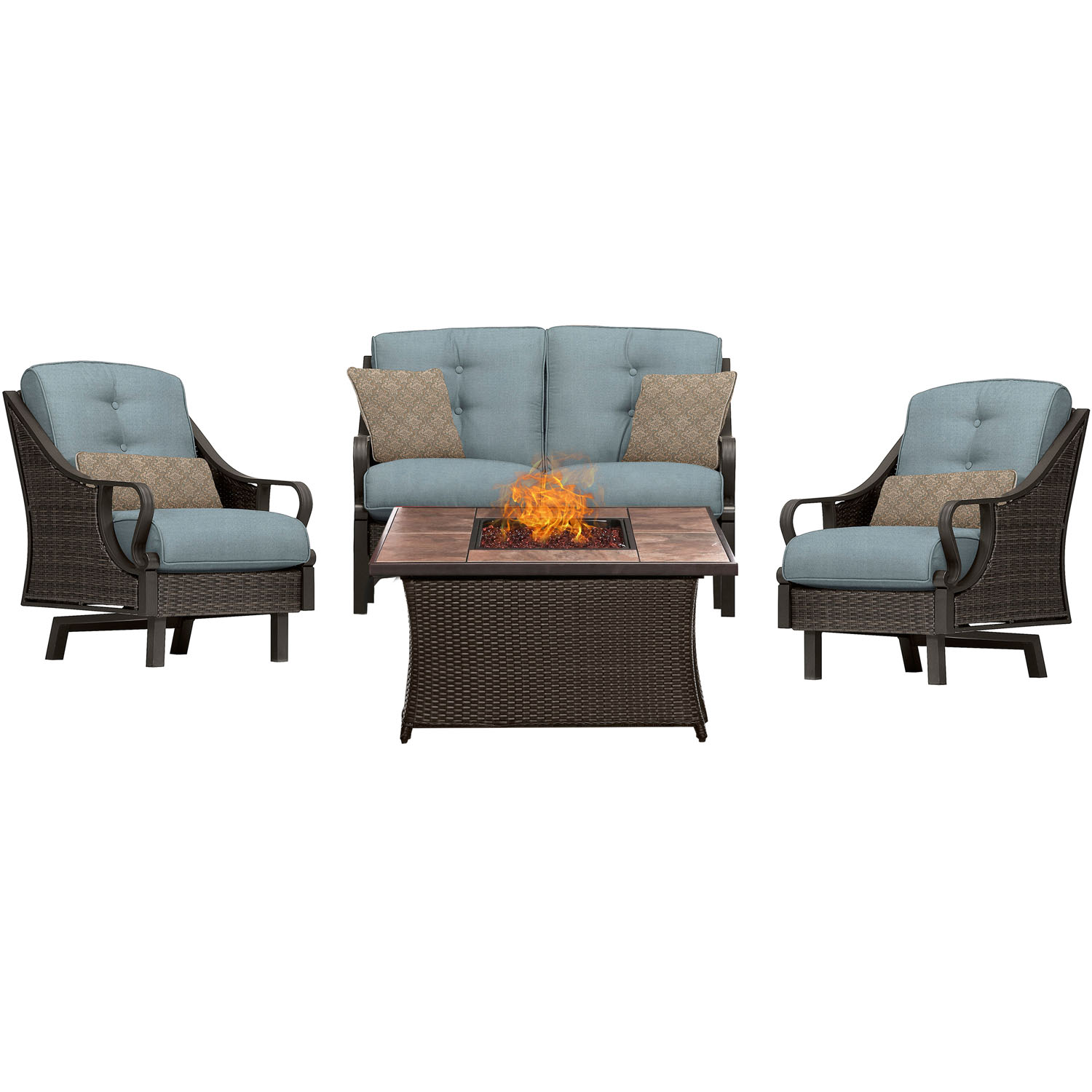 Hanover Ventura 4 Pcs Wicker and Steel Propane Fire Pit Chat Set, Ocean Blue - image 1 of 10