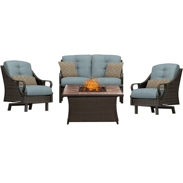 Hanover Ventura 4 Pcs Wicker and Steel Propane Fire Pit Chat Set, Ocean Blue
