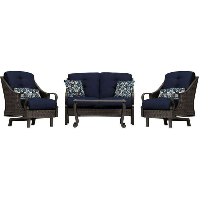 Hanover Ventura 4-Piece Steel Outdoor Patio Deep Seating Set Navy Blue Cushions, 4 Pillows and Rectangular Coffee Table, VENTURA4PC-NVY