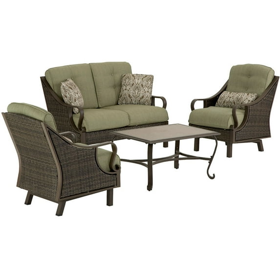Hanover Ventura 4-Piece Wicker and Steel Conversation Set, Vintage Meadow