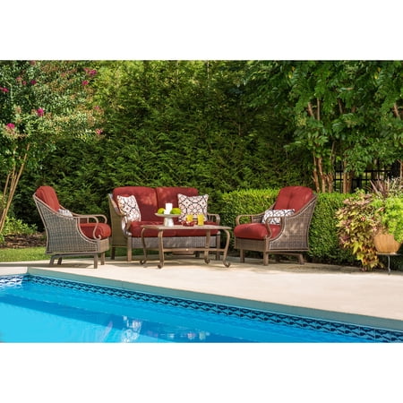 Hanover Ventura 4-Piece Wicker and Steel Outdoor Conversation Set, Crimson Red
