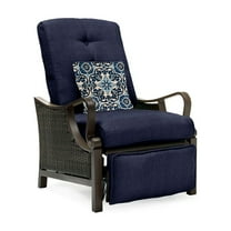 Hanover Ventura Steel Outdoor Patio Woven Luxury Recliner with Brown Wicker, Navy Blue Cushions and Pillow, VENTURAREC-NVY