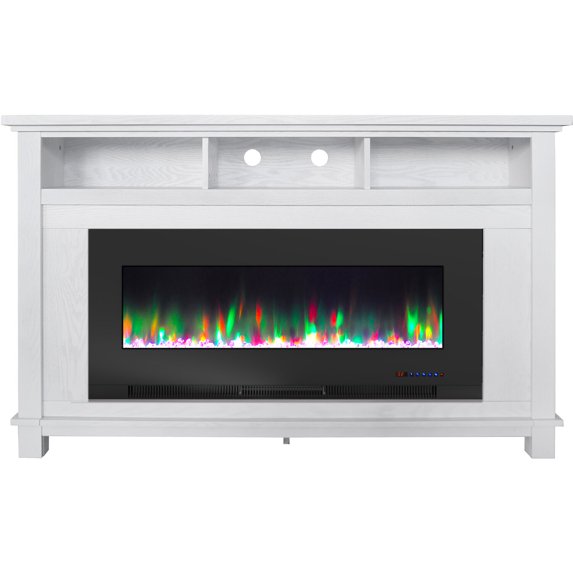 Hanover Winchester Electric Fireplace TV Stand and Color-Changing LED Heater Insert with Crystal Rock Display, White/Black