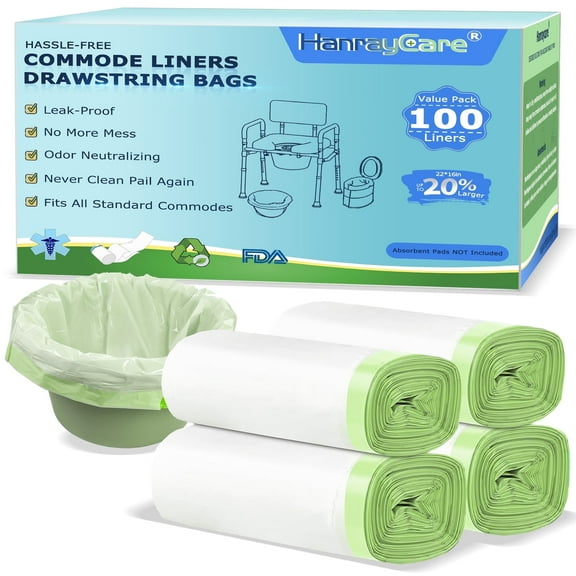 HanrayCare Commode Liners - 100 packs - Disposable Bags for Commode Chairs & Bedpan, Leak-Proof & Portable – Simplify Cleanup for Seniors & Disabled