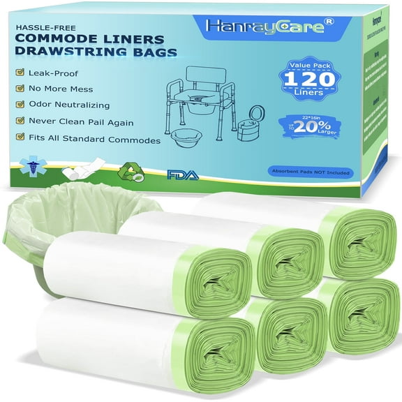HanrayCare Commode Liners - 120 packs - Disposable Bags for Commode Chairs & Bedpan, Leak-Proof & Portable – Simplify Cleanup for Seniors & Disabled