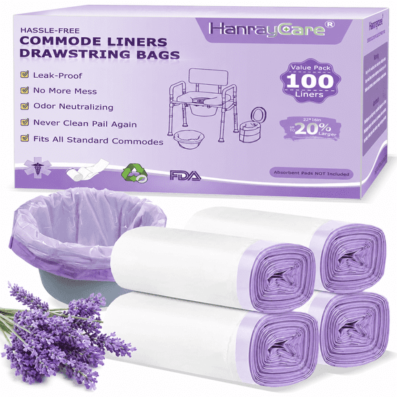 HanrayCare Lavender-Scented Commode Liners, 100 Pack Leak-Proof Disposable Bags for Commode Chairs and Bedside Toilets with Drawstring Closure