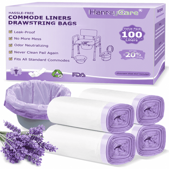 HanrayCare Lavender-Scented Commode Liners, 100 Pack Leak-Proof Disposable Bags for Commode Chairs and Bedside Toilets with Drawstring Closure
