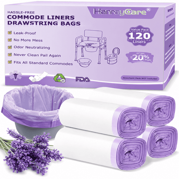 HanrayCare Lavender-Scented Commode Liners, 120 Pack Leak-Proof Disposable Bags for Commode Chairs and Bedside Toilets with Drawstring Closure