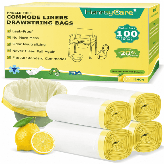 HanrayCare Lemon-Scented Commode Liners, Medical-Grade LDPE Disposable Toilet Bags, 16*22 in, 100 Count