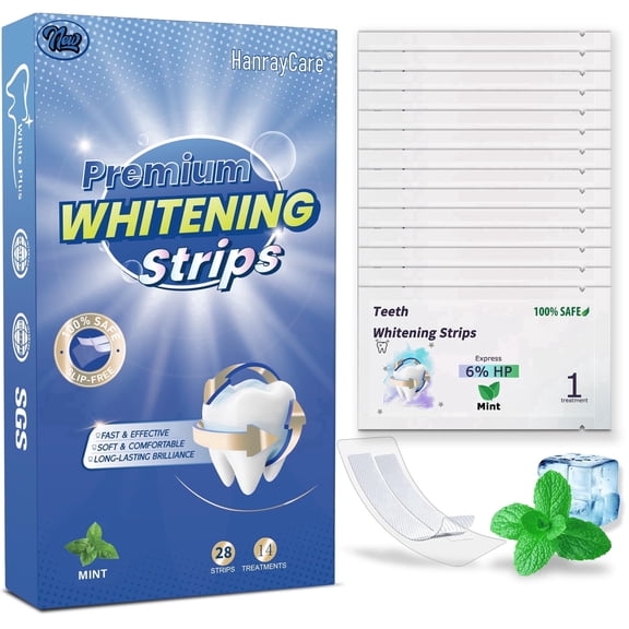 HanrayCare Teeth Whitening Strips, Clinically Tested for 4X Faster & Whiter, Enamel-Safe, Non-Slip Grip, Deep Stain Removal, Lasting Relief(14-Day)